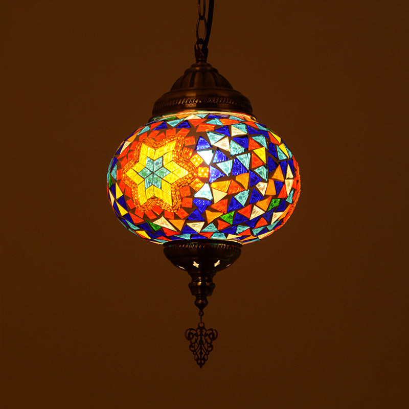 Stained Glass Spherical Hanging Light Vintage 1 Light Living Room Drop Pendant in Red/Blue/Yellow Red-Blue Clearhalo 'Ceiling Lights' 'Close To Ceiling Lights' 'Glass shade' 'Glass' 'Pendant Lights' 'Pendants' Lighting' 292638