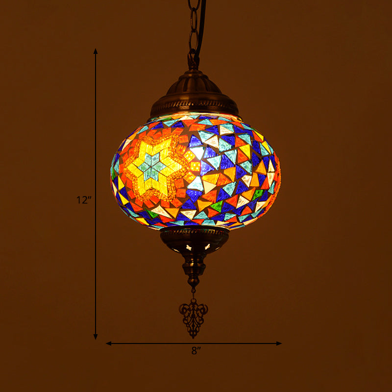 Stained Glass Spherical Hanging Light Vintage 1 Light Living Room Drop Pendant in Red/Blue/Yellow Clearhalo 'Ceiling Lights' 'Close To Ceiling Lights' 'Glass shade' 'Glass' 'Pendant Lights' 'Pendants' Lighting' 292639