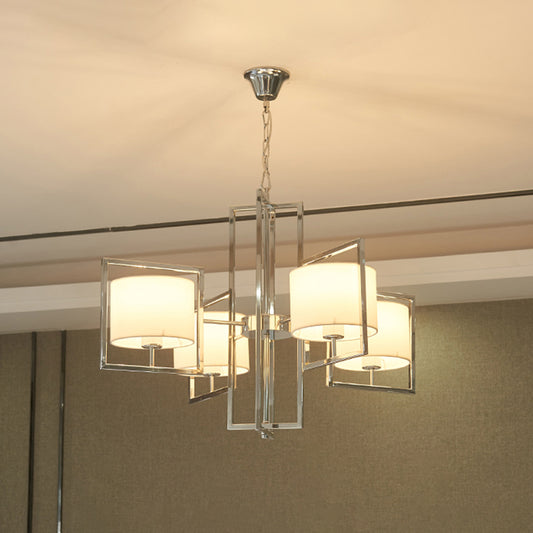 4 Lights Bedroom Chandelier Lighting Modern Chrome Hanging Ceiling Light with Cylinder Fabric Shade Chrome Clearhalo 'Ceiling Lights' 'Chandeliers' 'Modern Chandeliers' 'Modern' Lighting' 292677