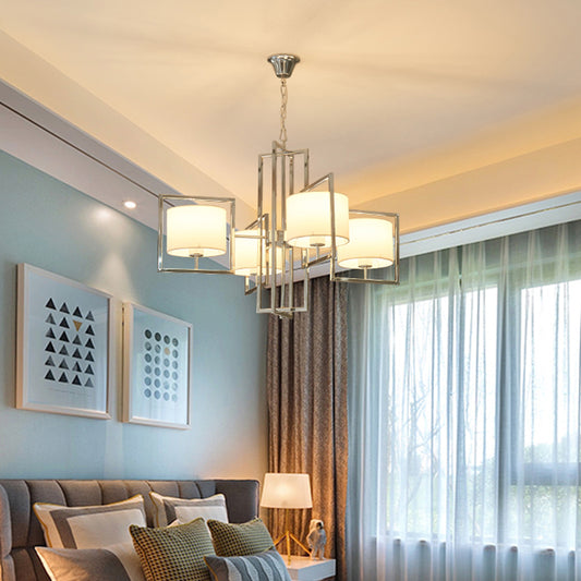 4 Lights Bedroom Chandelier Lighting Modern Chrome Hanging Ceiling Light with Cylinder Fabric Shade Clearhalo 'Ceiling Lights' 'Chandeliers' 'Modern Chandeliers' 'Modern' Lighting' 292679