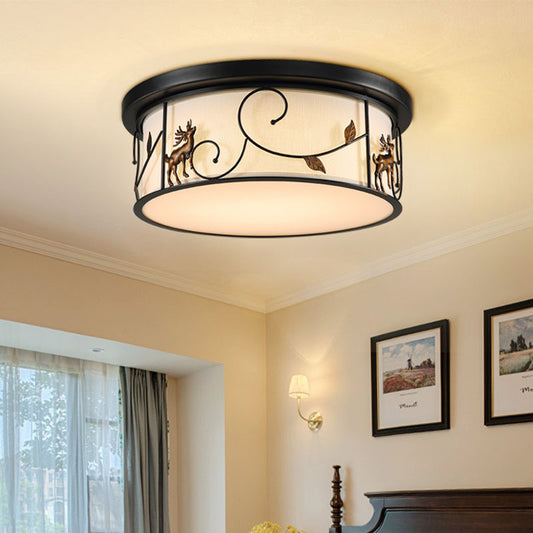 Black Drum Flush Mount Fixture Countryside Fabric Living Room LED Ceiling Mounted Light with Bird/Deer Dec Black Deer Clearhalo 'Ceiling Lights' 'Close To Ceiling Lights' 'Close to ceiling' 'Flush mount' Lighting' 292912