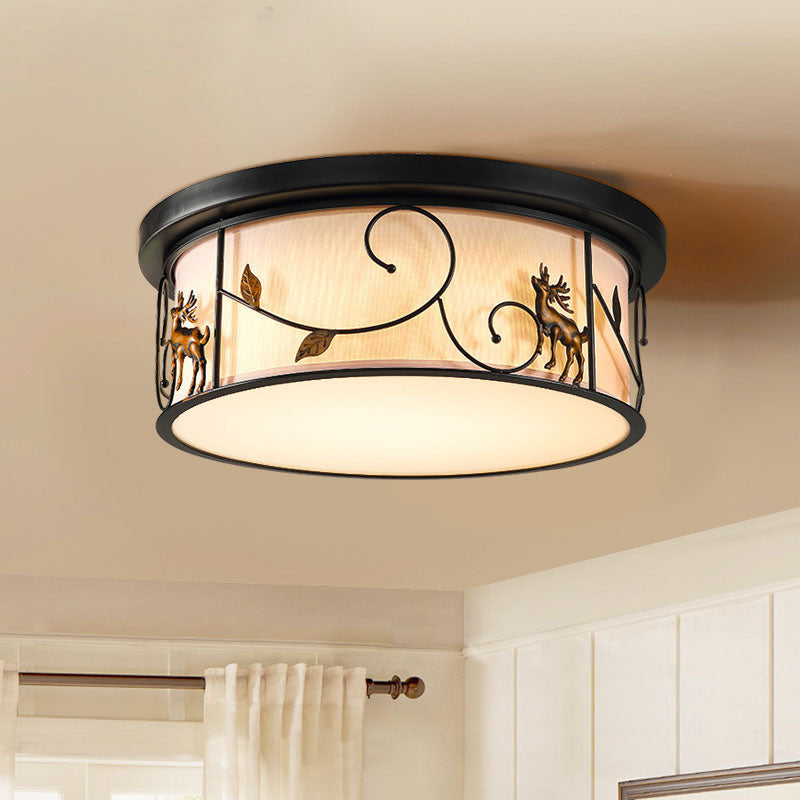 Black Drum Flush Mount Fixture Countryside Fabric Living Room LED Ceiling Mounted Light with Bird/Deer Dec Clearhalo 'Ceiling Lights' 'Close To Ceiling Lights' 'Close to ceiling' 'Flush mount' Lighting' 292913