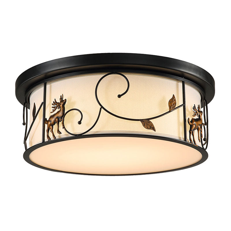 Black Drum Flush Mount Fixture Countryside Fabric Living Room LED Ceiling Mounted Light with Bird/Deer Dec Clearhalo 'Ceiling Lights' 'Close To Ceiling Lights' 'Close to ceiling' 'Flush mount' Lighting' 292915