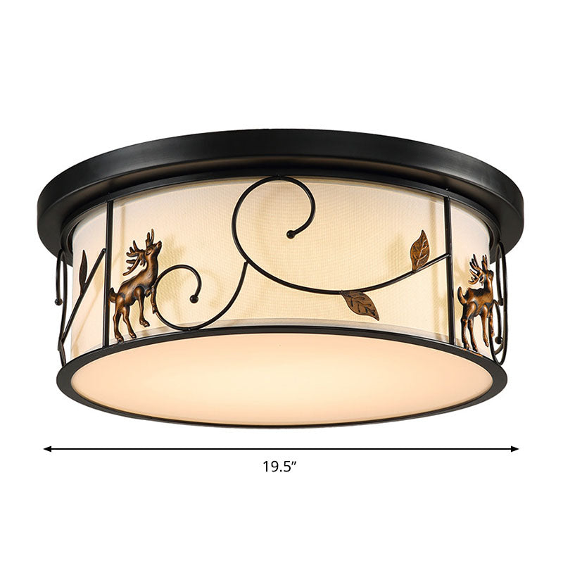 Black Drum Flush Mount Fixture Countryside Fabric Living Room LED Ceiling Mounted Light with Bird/Deer Dec Clearhalo 'Ceiling Lights' 'Close To Ceiling Lights' 'Close to ceiling' 'Flush mount' Lighting' 292916