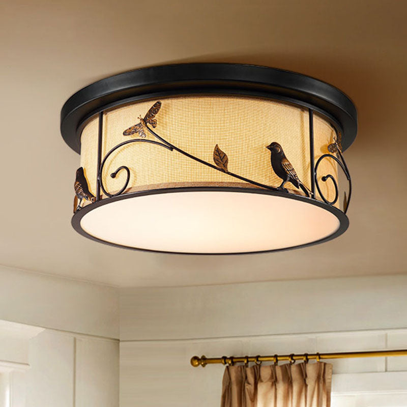 Black Drum Flush Mount Fixture Countryside Fabric Living Room LED Ceiling Mounted Light with Bird/Deer Dec Black Bird Clearhalo 'Ceiling Lights' 'Close To Ceiling Lights' 'Close to ceiling' 'Flush mount' Lighting' 292917