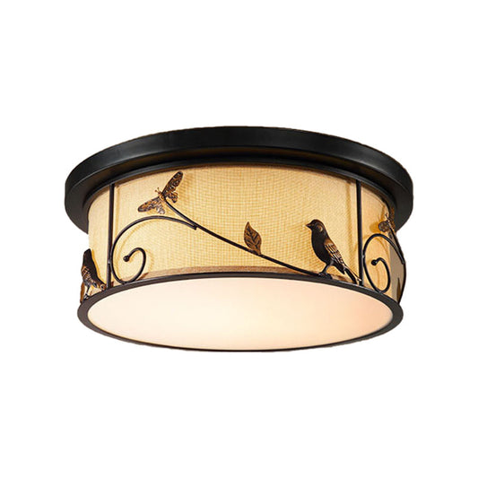 Black Drum Flush Mount Fixture Countryside Fabric Living Room LED Ceiling Mounted Light with Bird/Deer Dec Clearhalo 'Ceiling Lights' 'Close To Ceiling Lights' 'Close to ceiling' 'Flush mount' Lighting' 292919