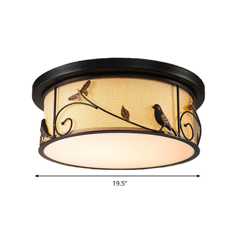 Black Drum Flush Mount Fixture Countryside Fabric Living Room LED Ceiling Mounted Light with Bird/Deer Dec Clearhalo 'Ceiling Lights' 'Close To Ceiling Lights' 'Close to ceiling' 'Flush mount' Lighting' 292920