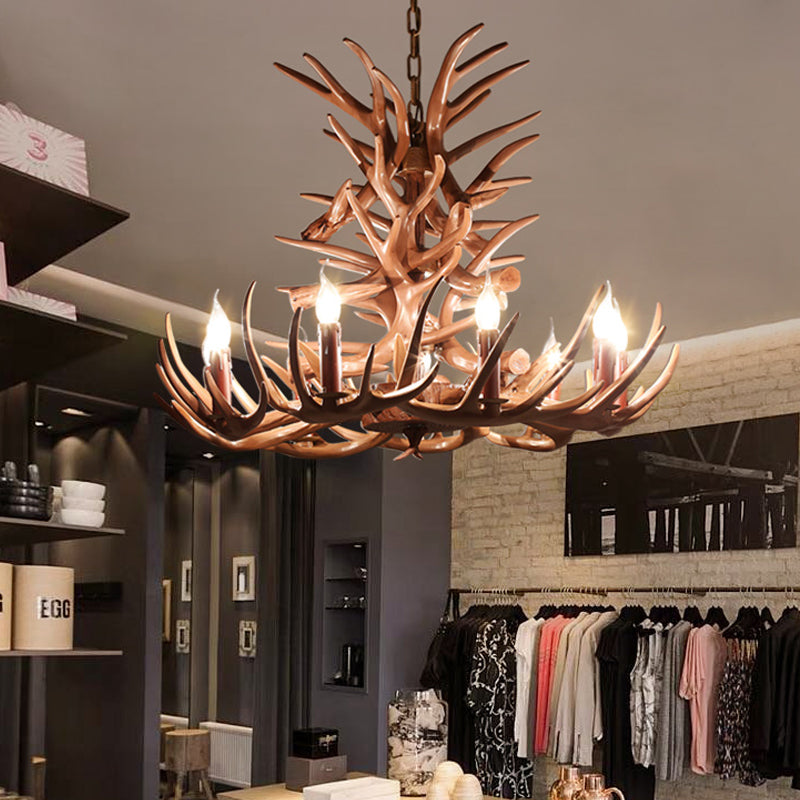 9 Heads Antler Ceiling Chandelier Farmhouse Brown Resin Suspended Lighting Fixture for Restaurant, 23"/27" Wide Clearhalo 'Ceiling Lights' 'Chandeliers' Lighting' options 292937