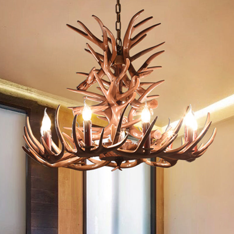 9 Heads Antler Ceiling Chandelier Farmhouse Brown Resin Suspended Lighting Fixture for Restaurant, 23"/27" Wide Clearhalo 'Ceiling Lights' 'Chandeliers' Lighting' options 292938