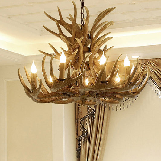 Faux Antler Resin Chandelier Lighting Cottage 9/12 Heads Restaurant Hanging Pendant Light in Brown Clearhalo 'Ceiling Lights' 'Chandeliers' Lighting' options 292959