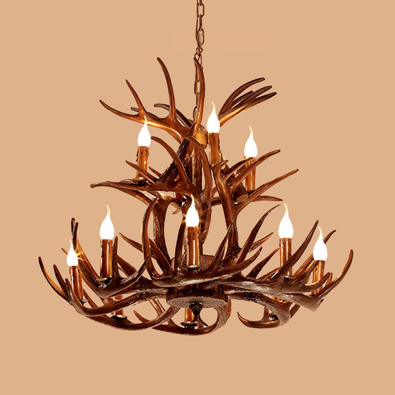 Faux Antler Resin Chandelier Lighting Cottage 9/12 Heads Restaurant Hanging Pendant Light in Brown Clearhalo 'Ceiling Lights' 'Chandeliers' Lighting' options 292961