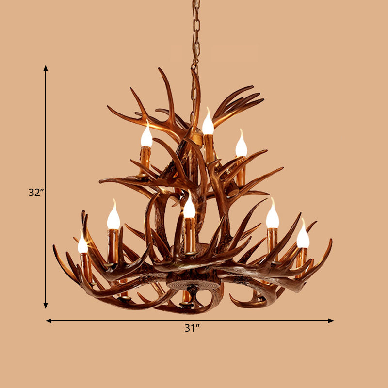 Faux Antler Resin Chandelier Lighting Cottage 9/12 Heads Restaurant Hanging Pendant Light in Brown Clearhalo 'Ceiling Lights' 'Chandeliers' Lighting' options 292962