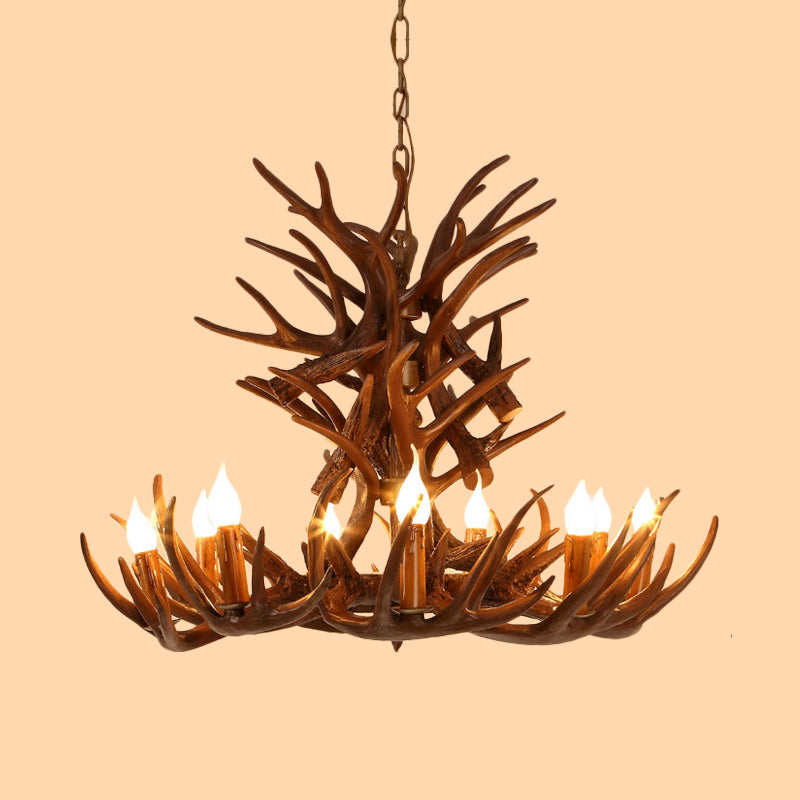 Faux Antler Resin Chandelier Lighting Cottage 9/12 Heads Restaurant Hanging Pendant Light in Brown Clearhalo 'Ceiling Lights' 'Chandeliers' Lighting' options 292963