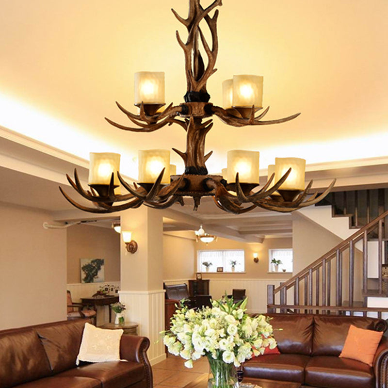 12 Heads Ceiling Chandelier Rustic 2-Tier Resin Hanging Pendant Light in Brown with Cylinder Frosted Glass Shade Brown Clearhalo 'Ceiling Lights' 'Chandeliers' Lighting' options 292984_9eb1dbb3-f210-4cfd-b8f1-87cd64df75b6