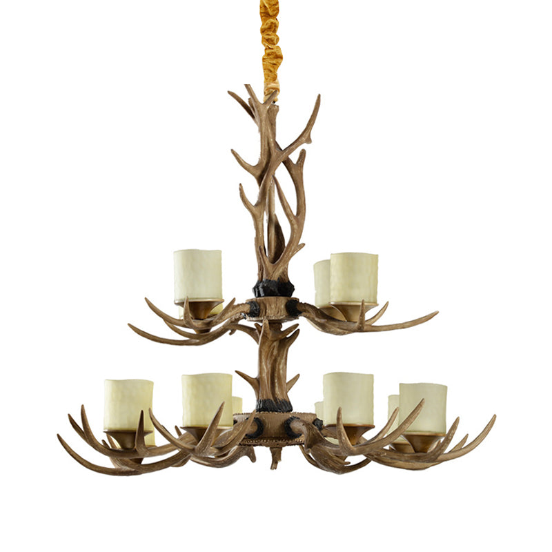 12 Heads Ceiling Chandelier Rustic 2-Tier Resin Hanging Pendant Light in Brown with Cylinder Frosted Glass Shade Clearhalo 'Ceiling Lights' 'Chandeliers' Lighting' options 292987