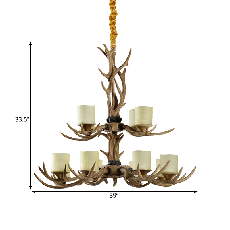 12 Heads Ceiling Chandelier Rustic 2-Tier Resin Hanging Pendant Light in Brown with Cylinder Frosted Glass Shade Clearhalo 'Ceiling Lights' 'Chandeliers' Lighting' options 292988