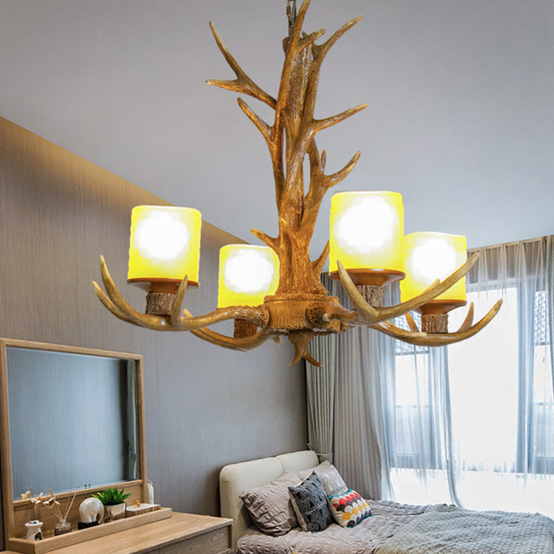 Antler Bedroom Chandelier Lighting Cottage Resin 4/6 Bulbs Brown Hanging Pendant Lamp, 27.5"/35.5" Wide Clearhalo 'Ceiling Lights' 'Chandeliers' Lighting' options 292991