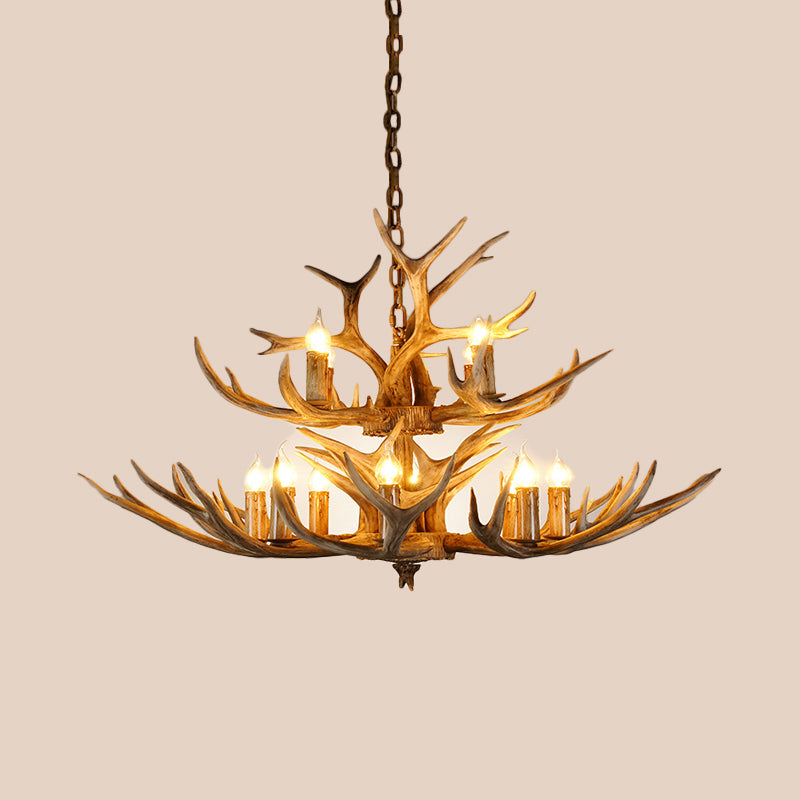 Resin Candle Shape Hanging Chandelier Farmhouse 12 Bulbs Restaurant Suspension Pendant Light in Brown Clearhalo 'Ceiling Lights' 'Chandeliers' Lighting' options 293075