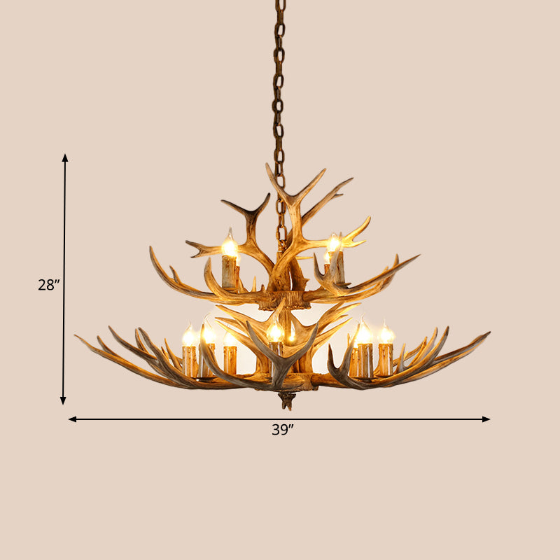 Resin Candle Shape Hanging Chandelier Farmhouse 12 Bulbs Restaurant Suspension Pendant Light in Brown Clearhalo 'Ceiling Lights' 'Chandeliers' Lighting' options 293076