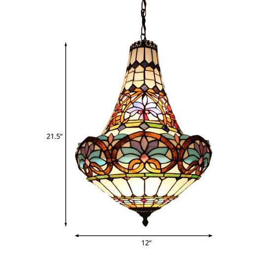 12"/16" Wide Antique Bronze Flower Chandelier Light Fixture Tiffany 3/5 Lights Stained Glass Ceiling Pendant Clearhalo 'Ceiling Lights' 'Chandeliers' 'Industrial' 'Middle Century Chandeliers' 'Tiffany Chandeliers' 'Tiffany close to ceiling' 'Tiffany' Lighting' 293118