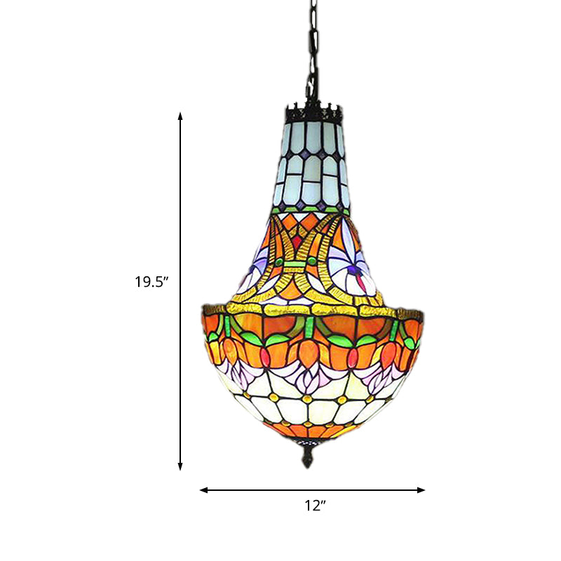 12"/16" Wide Flower Chandelier 3/5 Lights Stained Glass Tiffany Pendant Lighting Fixture in Antique Bronze Clearhalo 'Ceiling Lights' 'Chandeliers' 'Industrial' 'Middle Century Chandeliers' 'Tiffany Chandeliers' 'Tiffany close to ceiling' 'Tiffany' Lighting' 293130