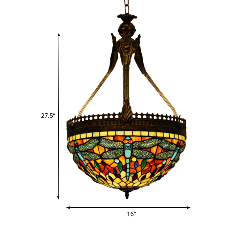 3 Lights Dragonfly Chandelier Light Fixture Tiffany Style Yellow/Orange/Pink and White Stained Glass Hanging Lamp Clearhalo 'Ceiling Lights' 'Chandeliers' 'Glass shade' 'Glass' 'Industrial' 'Middle Century Chandeliers' 'Tiffany Chandeliers' 'Tiffany close to ceiling' 'Tiffany' Lighting' 293163