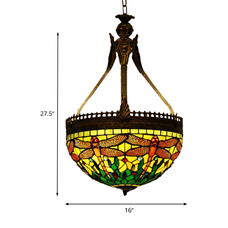 3 Lights Dragonfly Chandelier Light Fixture Tiffany Style Yellow/Orange/Pink and White Stained Glass Hanging Lamp Clearhalo 'Ceiling Lights' 'Chandeliers' 'Glass shade' 'Glass' 'Industrial' 'Middle Century Chandeliers' 'Tiffany Chandeliers' 'Tiffany close to ceiling' 'Tiffany' Lighting' 293167