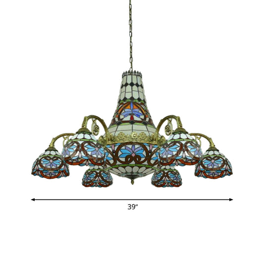 Curved Arm Ceiling Chandelier 11 Lights Stained Glass Mediterranean Hanging Ceiling Light in Pink and Blue/Purplish Blue Clearhalo 'Ceiling Lights' 'Chandeliers' 'Glass shade' 'Glass' 'Industrial' 'Middle Century Chandeliers' 'Tiffany Chandeliers' 'Tiffany close to ceiling' 'Tiffany' Lighting' 293230