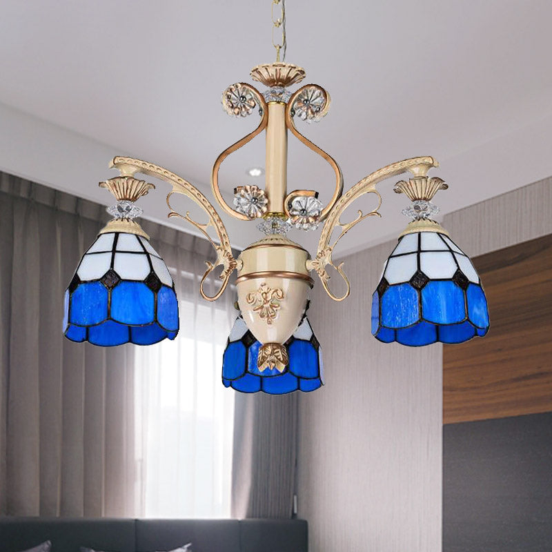 Baroque Dome Shape Chandelier Light 5/9/11 Lights Cut Glass Pendant Lighting Fixture in Blue, 23.5"/31.5"/35.5" Wide Clearhalo 'Ceiling Lights' 'Chandeliers' 'Glass shade' 'Glass' 'Industrial' 'Island Lights' 'Middle Century Chandeliers' 'Tiffany Chandeliers' 'Tiffany close to ceiling' 'Tiffany' Lighting' 293250