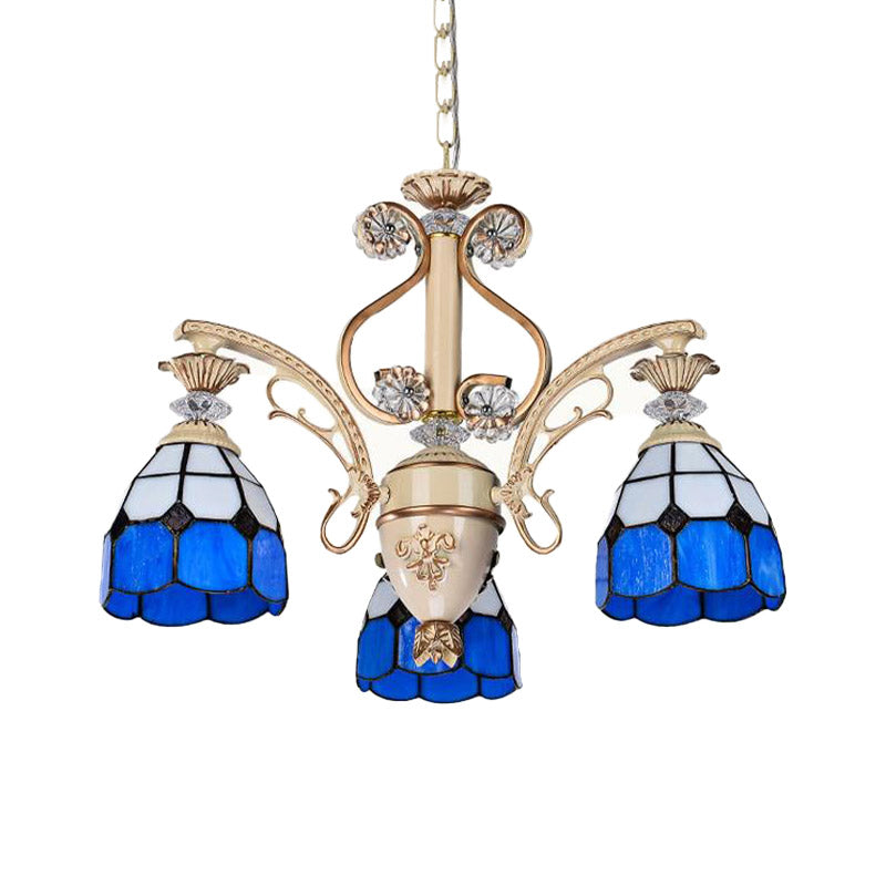 Baroque Dome Shape Chandelier Light 5/9/11 Lights Cut Glass Pendant Lighting Fixture in Blue, 23.5"/31.5"/35.5" Wide Clearhalo 'Ceiling Lights' 'Chandeliers' 'Glass shade' 'Glass' 'Industrial' 'Island Lights' 'Middle Century Chandeliers' 'Tiffany Chandeliers' 'Tiffany close to ceiling' 'Tiffany' Lighting' 293252