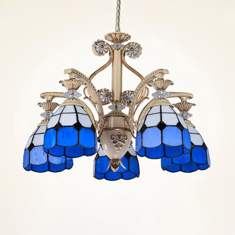 Baroque Dome Shape Chandelier Light 5/9/11 Lights Cut Glass Pendant Lighting Fixture in Blue, 23.5"/31.5"/35.5" Wide Clearhalo 'Ceiling Lights' 'Chandeliers' 'Glass shade' 'Glass' 'Industrial' 'Island Lights' 'Middle Century Chandeliers' 'Tiffany Chandeliers' 'Tiffany close to ceiling' 'Tiffany' Lighting' 293256