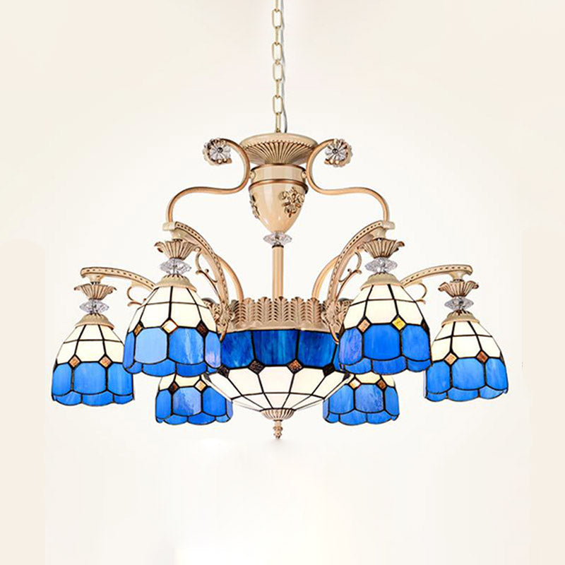 Baroque Dome Shape Chandelier Light 5/9/11 Lights Cut Glass Pendant Lighting Fixture in Blue, 23.5"/31.5"/35.5" Wide Clearhalo 'Ceiling Lights' 'Chandeliers' 'Glass shade' 'Glass' 'Industrial' 'Island Lights' 'Middle Century Chandeliers' 'Tiffany Chandeliers' 'Tiffany close to ceiling' 'Tiffany' Lighting' 293259