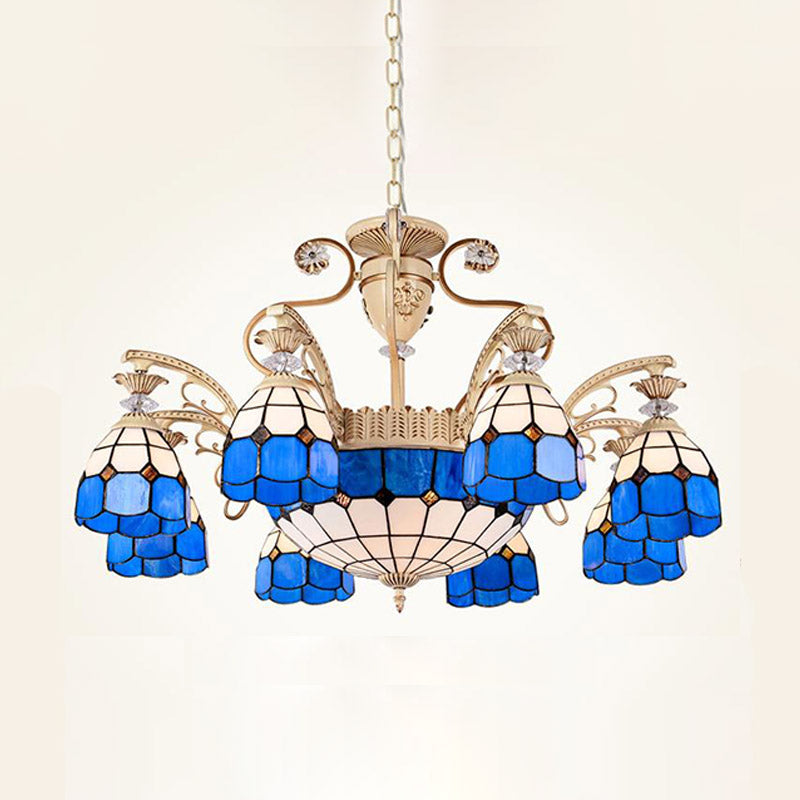 Baroque Dome Shape Chandelier Light 5/9/11 Lights Cut Glass Pendant Lighting Fixture in Blue, 23.5"/31.5"/35.5" Wide Clearhalo 'Ceiling Lights' 'Chandeliers' 'Glass shade' 'Glass' 'Industrial' 'Island Lights' 'Middle Century Chandeliers' 'Tiffany Chandeliers' 'Tiffany close to ceiling' 'Tiffany' Lighting' 293262