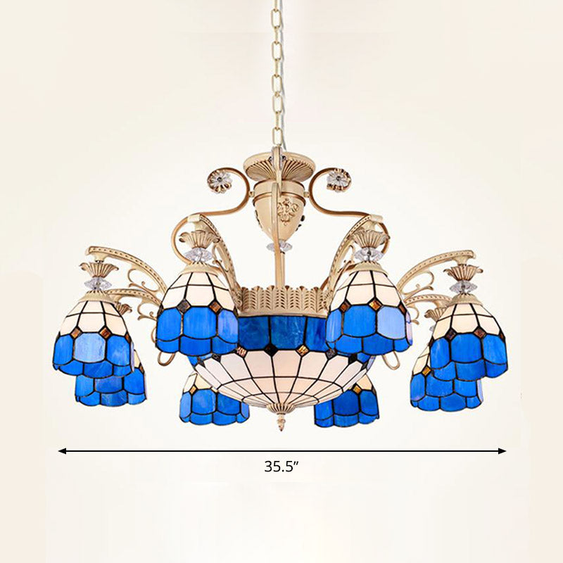 Baroque Dome Shape Chandelier Light 5/9/11 Lights Cut Glass Pendant Lighting Fixture in Blue, 23.5"/31.5"/35.5" Wide Clearhalo 'Ceiling Lights' 'Chandeliers' 'Glass shade' 'Glass' 'Industrial' 'Island Lights' 'Middle Century Chandeliers' 'Tiffany Chandeliers' 'Tiffany close to ceiling' 'Tiffany' Lighting' 293263