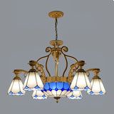 31.5"/37.5" Wide Cone Stained Glass Pendant Chandelier Baroque Style 8/11 Lights White/Blue Suspension Lighting Clearhalo 'Ceiling Lights' 'Chandeliers' 'Industrial' 'Middle Century Chandeliers' 'Tiffany Chandeliers' 'Tiffany close to ceiling' 'Tiffany' Lighting' 293314