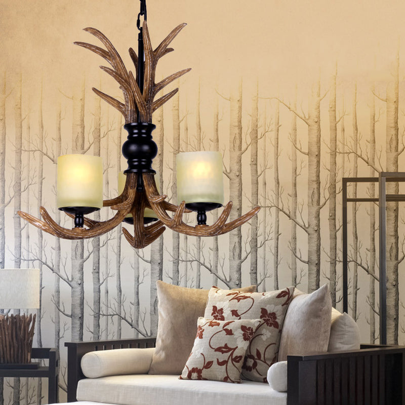 3 Bulbs Resin Chandelier Lighting Traditionary Brown Deer Antler Living Room Hanging Pendant Lamp with White Frosted Glass Cylindrical Shade Clearhalo 'Ceiling Lights' 'Chandeliers' Lighting' options 293321