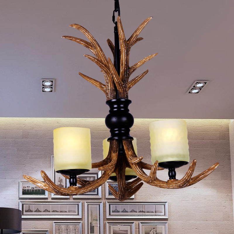 3 Bulbs Resin Chandelier Lighting Traditionary Brown Deer Antler Living Room Hanging Pendant Lamp with White Frosted Glass Cylindrical Shade Clearhalo 'Ceiling Lights' 'Chandeliers' Lighting' options 293322