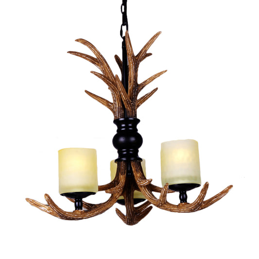 3 Bulbs Resin Chandelier Lighting Traditionary Brown Deer Antler Living Room Hanging Pendant Lamp with White Frosted Glass Cylindrical Shade Clearhalo 'Ceiling Lights' 'Chandeliers' Lighting' options 293324