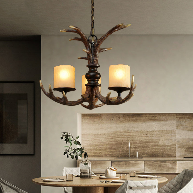 Brown 3/5 Bulbs Ceiling Chandelier Rustic White Frosted Glass Cylindrical Hanging Pendant Light with Antler Resin Decoration Clearhalo 'Ceiling Lights' 'Chandeliers' Lighting' options 293360