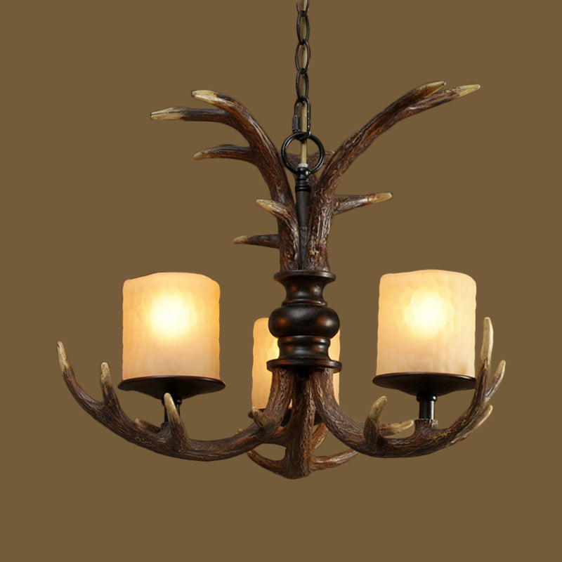 Brown 3/5 Bulbs Ceiling Chandelier Rustic White Frosted Glass Cylindrical Hanging Pendant Light with Antler Resin Decoration Clearhalo 'Ceiling Lights' 'Chandeliers' Lighting' options 293363