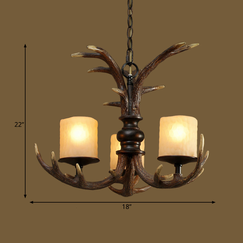 Brown 3/5 Bulbs Ceiling Chandelier Rustic White Frosted Glass Cylindrical Hanging Pendant Light with Antler Resin Decoration Clearhalo 'Ceiling Lights' 'Chandeliers' Lighting' options 293364