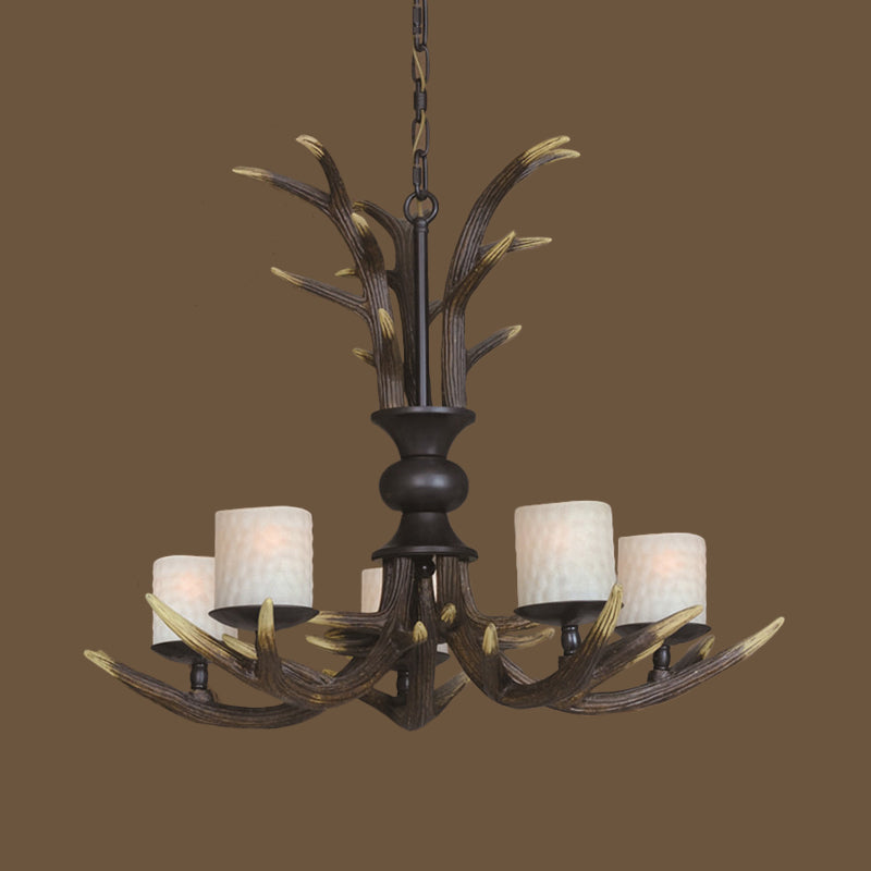 Brown 3/5 Bulbs Ceiling Chandelier Rustic White Frosted Glass Cylindrical Hanging Pendant Light with Antler Resin Decoration Clearhalo 'Ceiling Lights' 'Chandeliers' Lighting' options 293365