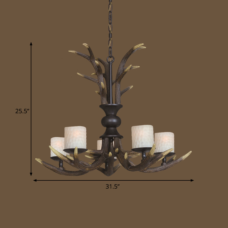 Brown 3/5 Bulbs Ceiling Chandelier Rustic White Frosted Glass Cylindrical Hanging Pendant Light with Antler Resin Decoration Clearhalo 'Ceiling Lights' 'Chandeliers' Lighting' options 293366