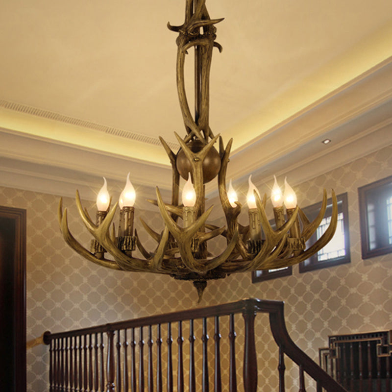 Brown 9 Lights Hanging Chandelier Rustic Resin Candle Ceiling Suspension Lamp with Antler Design Brown Clearhalo 'Ceiling Lights' 'Chandeliers' Lighting' options 293377_d59683bd-276a-4039-a29c-ee10c02f55fb