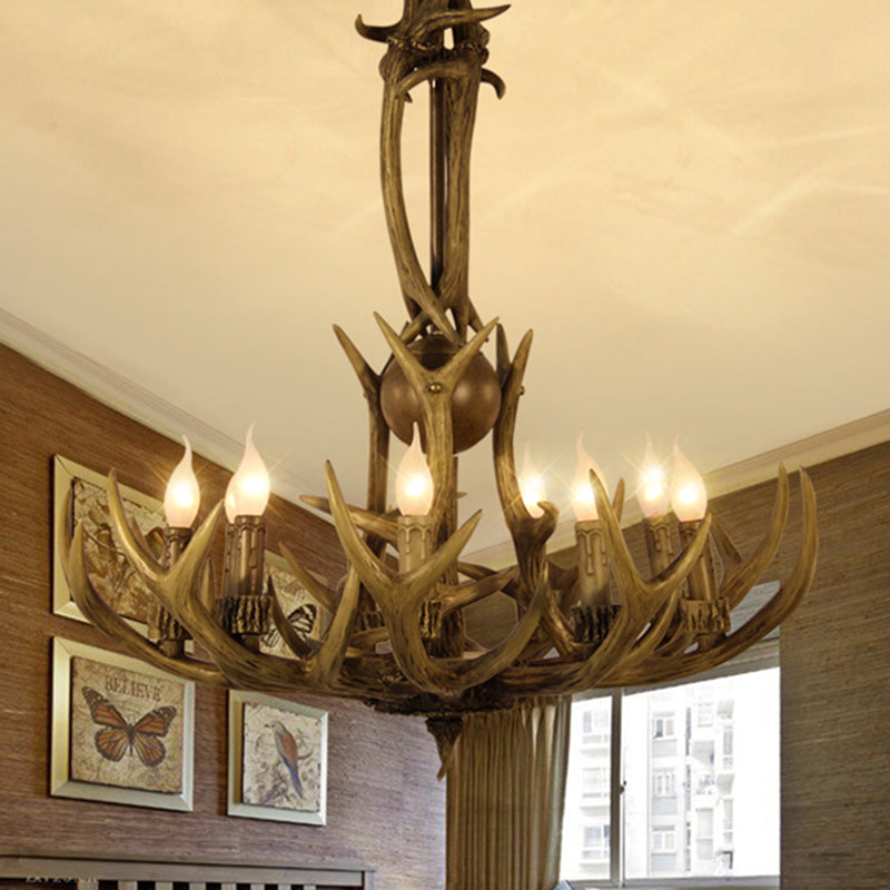 Brown 9 Lights Hanging Chandelier Rustic Resin Candle Ceiling Suspension Lamp with Antler Design Clearhalo 'Ceiling Lights' 'Chandeliers' Lighting' options 293378