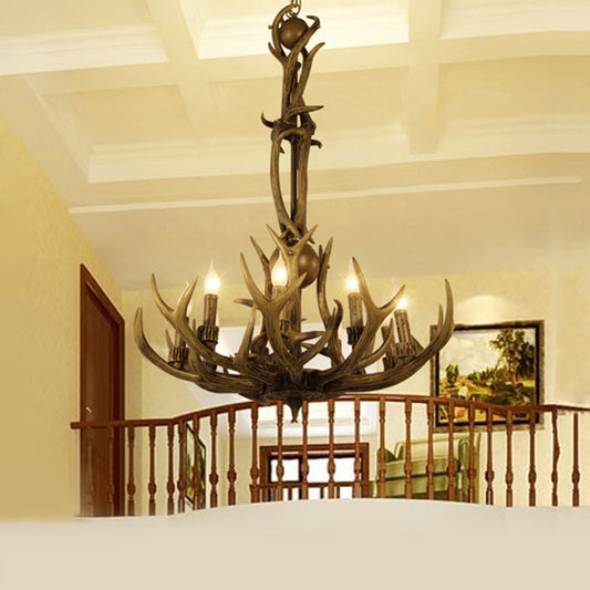 Brown 9 Lights Hanging Chandelier Rustic Resin Candle Ceiling Suspension Lamp with Antler Design Clearhalo 'Ceiling Lights' 'Chandeliers' Lighting' options 293379