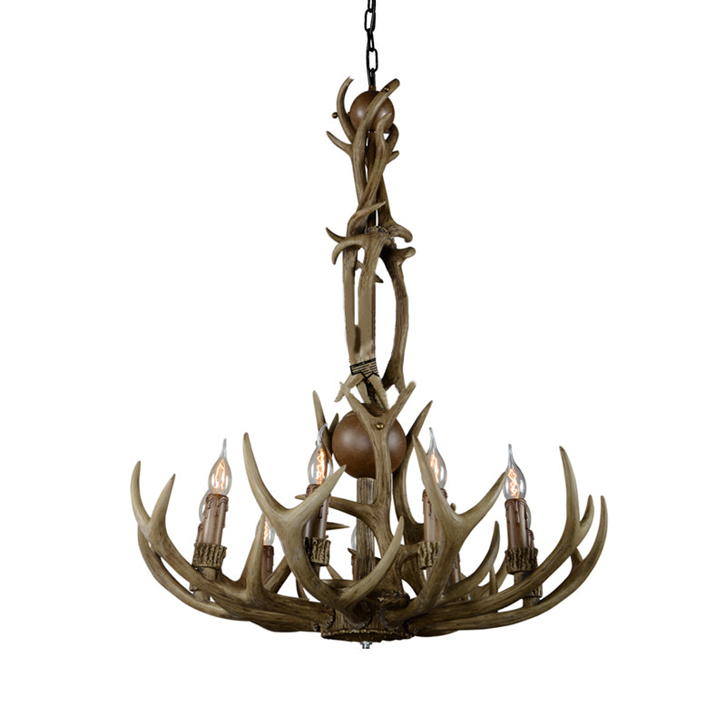 Brown 9 Lights Hanging Chandelier Rustic Resin Candle Ceiling Suspension Lamp with Antler Design Clearhalo 'Ceiling Lights' 'Chandeliers' Lighting' options 293380