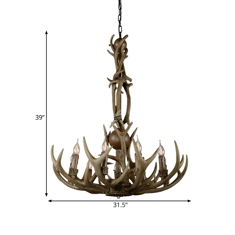 Brown 9 Lights Hanging Chandelier Rustic Resin Candle Ceiling Suspension Lamp with Antler Design Clearhalo 'Ceiling Lights' 'Chandeliers' Lighting' options 293381