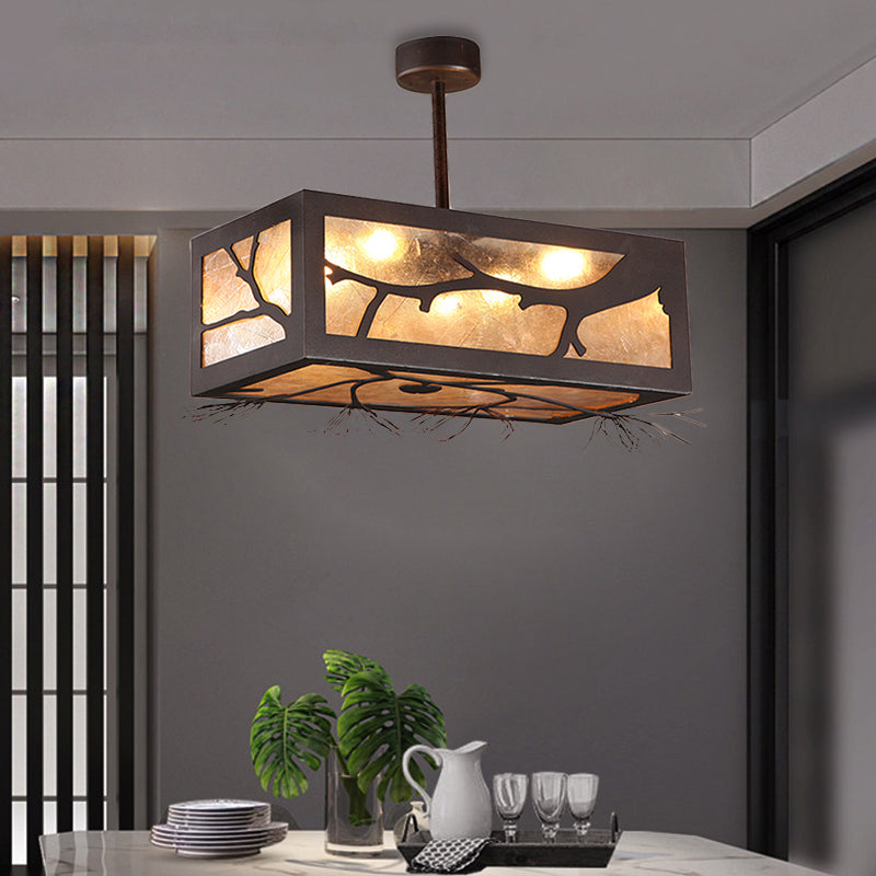 6 Heads Semi Flush Mount Cottage Rectangle Metal Close to Ceiling Light in Rust with Mica Sheet Shade Rust Clearhalo 'Ceiling Lights' 'Close To Ceiling Lights' 'Close to ceiling' 'Semi-flushmount' Lighting' 293389