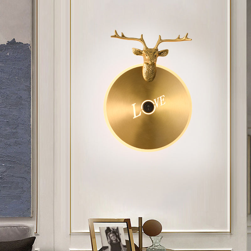 Round Panel Metal Wall Light Traditionary Living Room LED Sconce Light Fixture in Brass/Black with Elk Decoration Brass Clearhalo 'Wall Lamps & Sconces' 'Wall Lights' Lighting' 293406